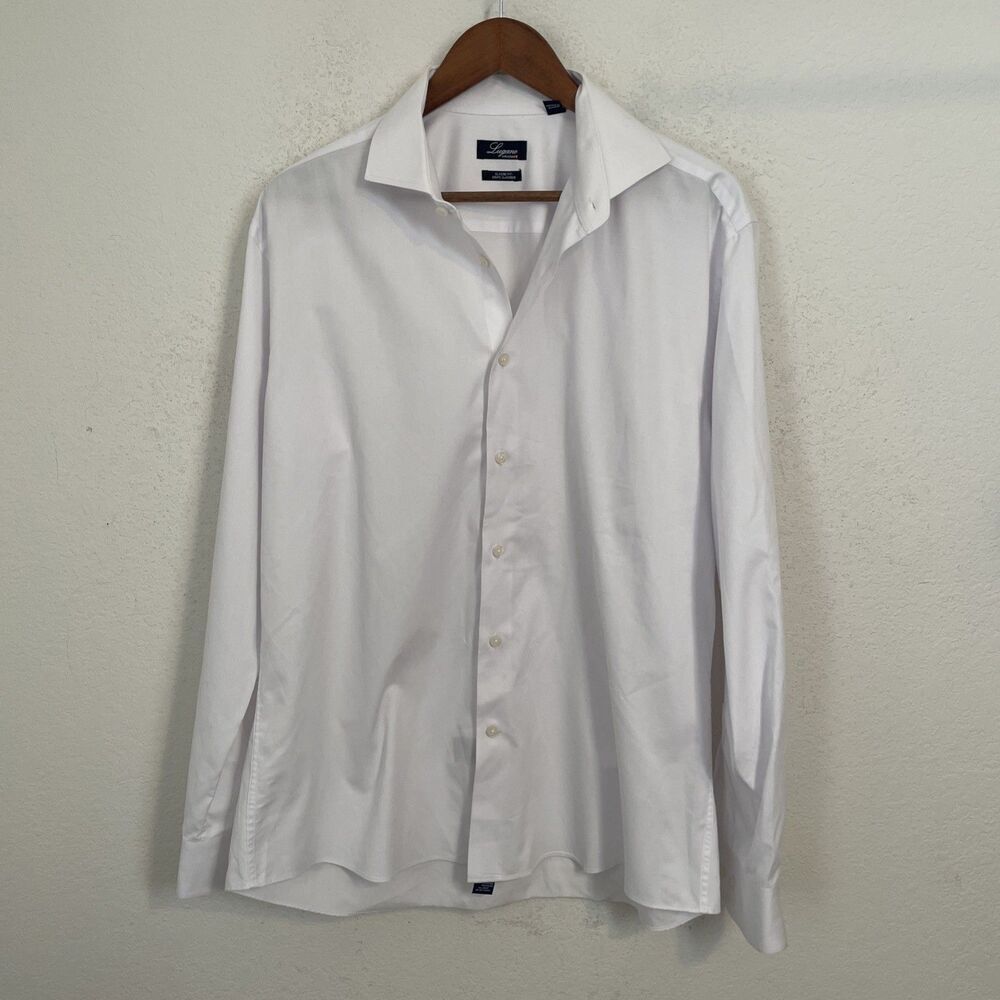 Lagano Switzerland Mens Size 17L White Classic-Fit Dress Shirt Long Sleeve EUC